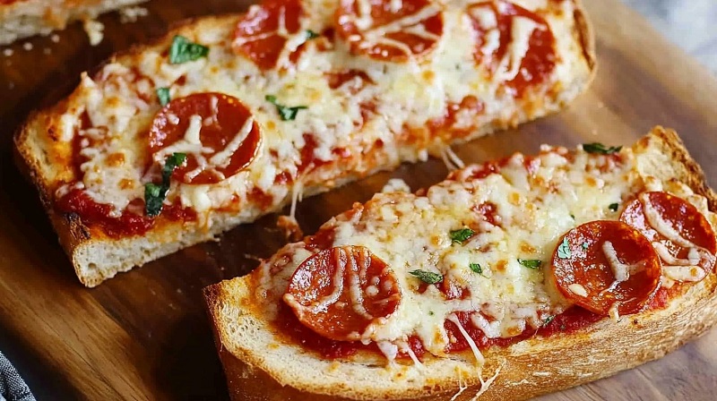 Close-up of two slices of French bread pizza topped with melted cheese, pepperoni, tomato sauce, and fresh herbs on a wooden board