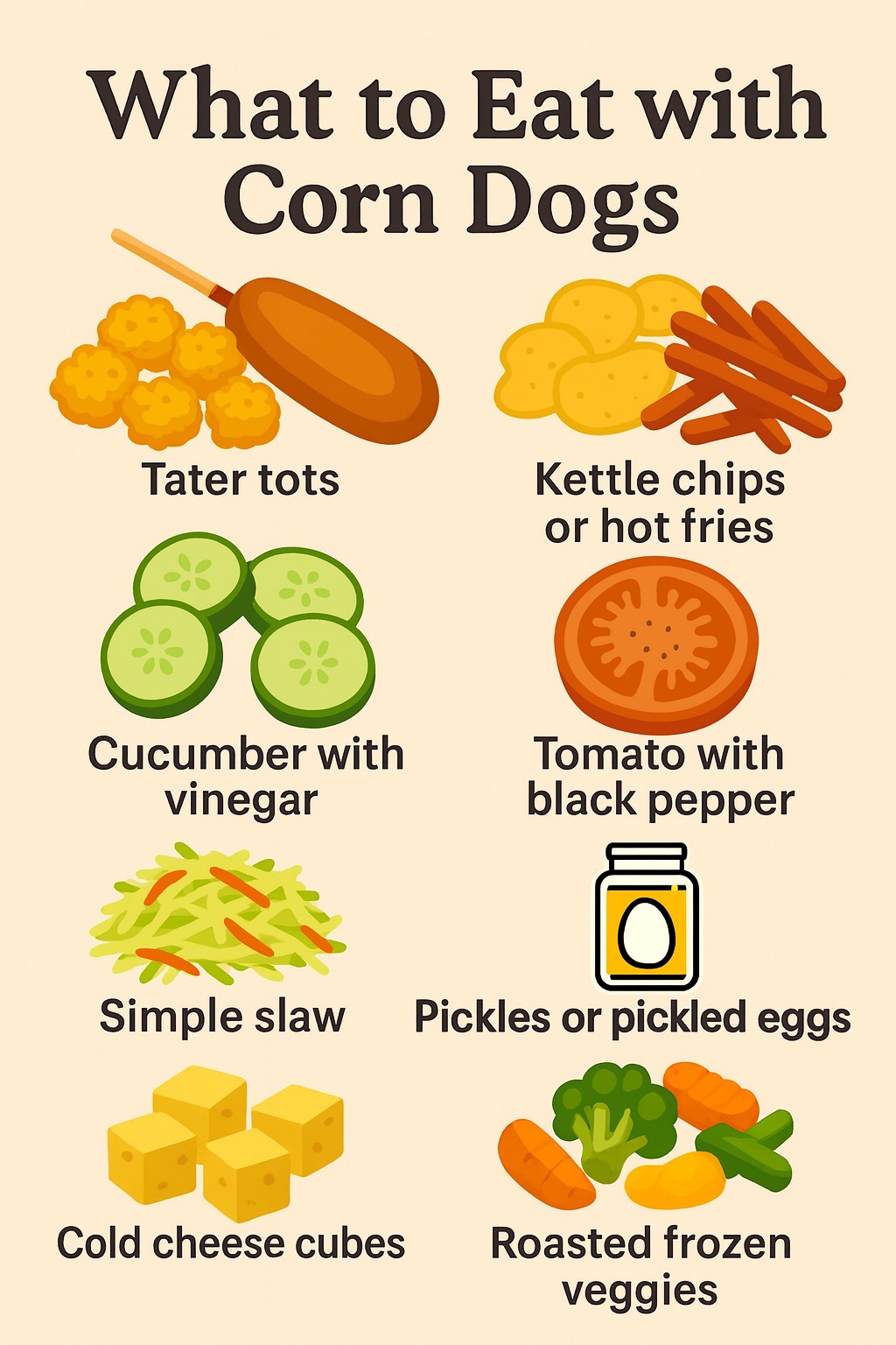 Infographic titled "What to Eat with Corn Dogs" showing illustrated food pairings including tater tots, kettle chips, cucumber slices, tomato with pepper, slaw, pickles, cheese cubes, and roasted vegetables.