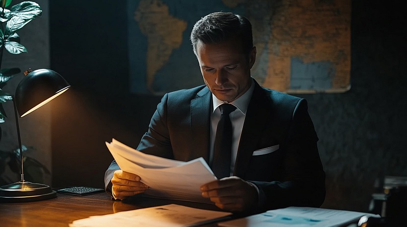 A businessman in a dark office reviewing financial and business documents under a desk lamp