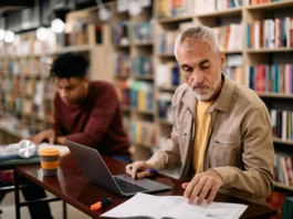 A men in his 40s shown in a library while reading.