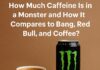 A Monster Energy can and a cup of coffee placed side by side on a brown surface, with bold white text above asking how Monster compares to Bang, Red Bull, and coffee in caffeine content.