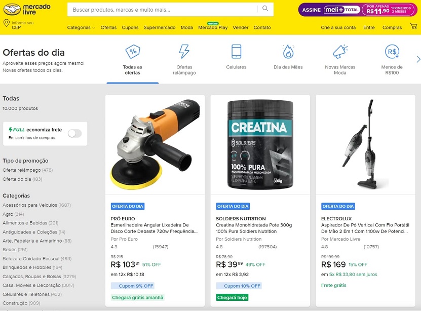Screenshot of the Mercado Libre website showcasing daily product deals and promotions in Brazil