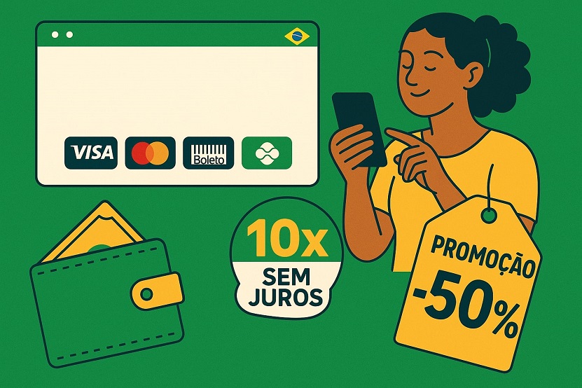 Illustration of a woman shopping online in Brazil with various payment options, promoting a business with 50% discount offers and interest-free installments