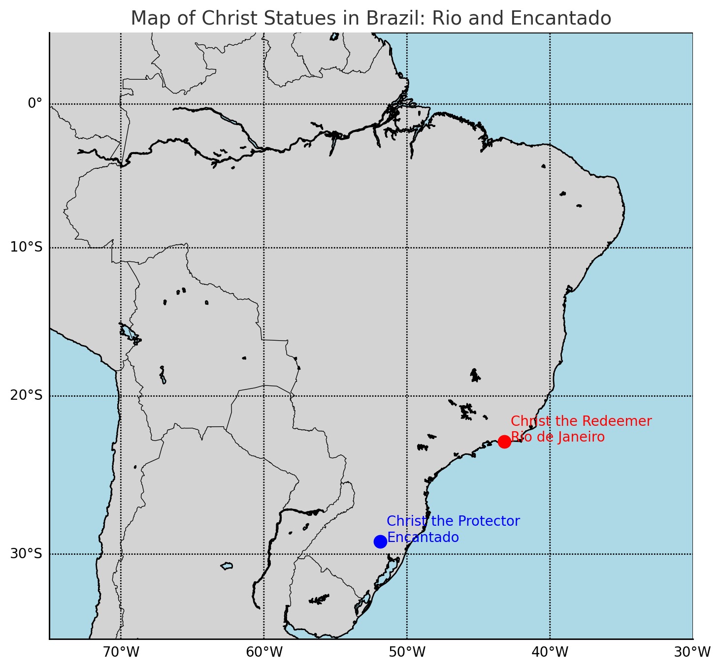Visual map showing the locations of the two major Christ statues in Brazil