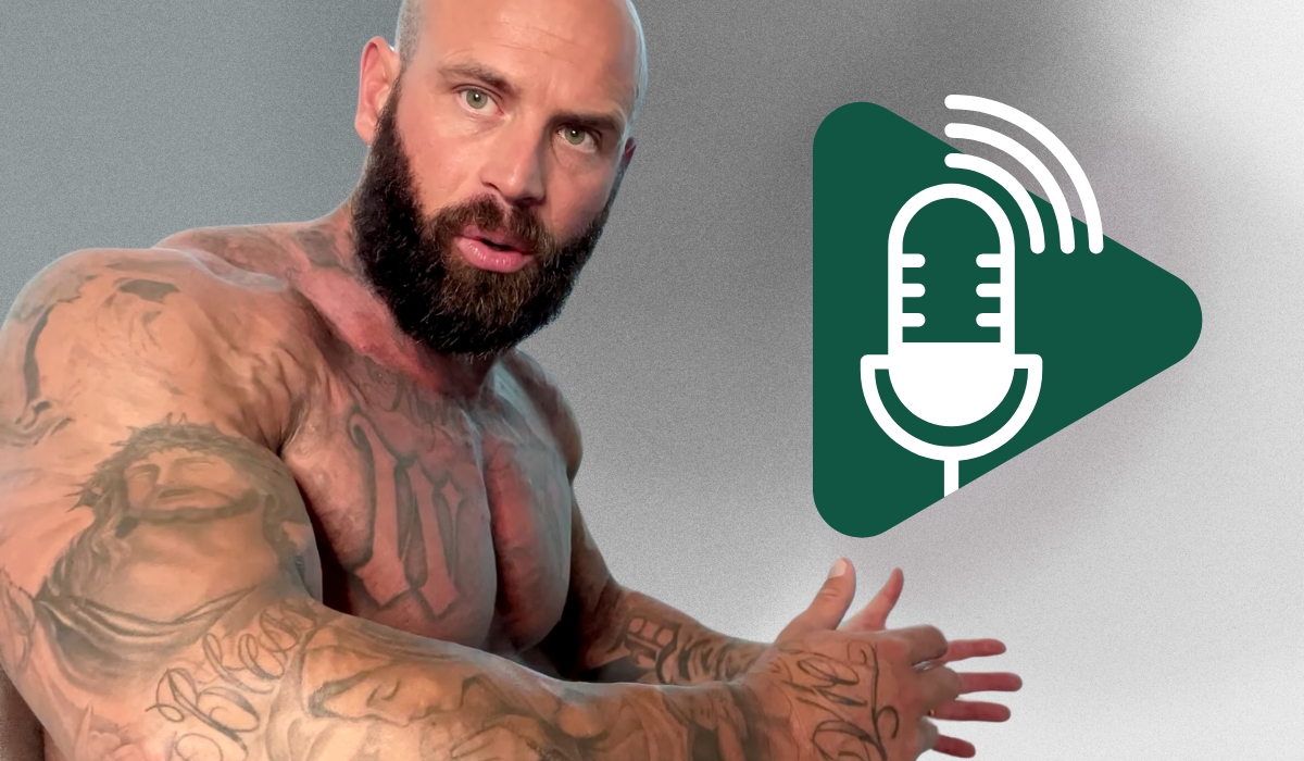 Tattooed, muscular man gesturing beside a podcast icon on a gray background, symbolizing audio media and personal branding