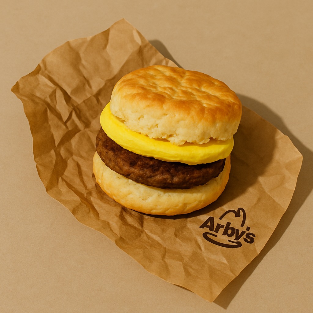 Sausage and egg biscuit sandwich served on Arby’s branded paper