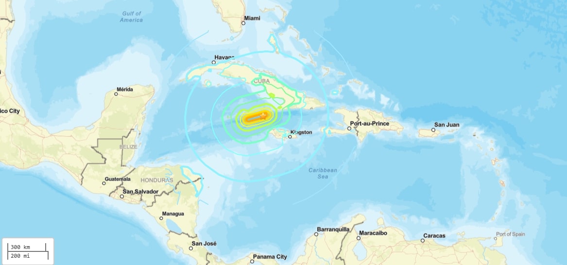 Earthquake map of Jamaica
