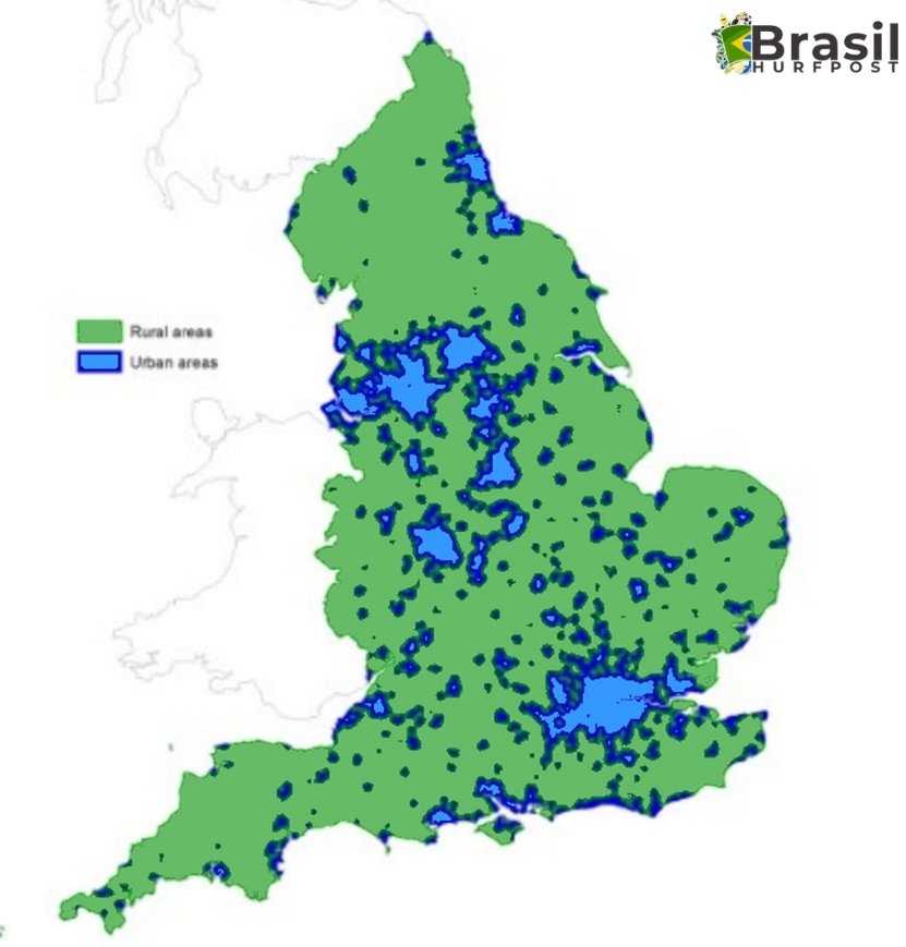 Map of England showing urban areas in blue and rural areas in green with clear contrasting colors