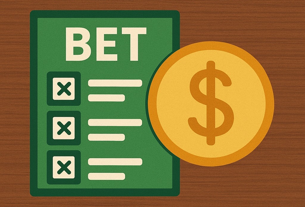 Illustrated betting slip and gold coin symbolizing monetary stakes in online gambling