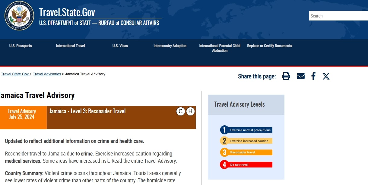 Screenshot of the U.S. Department of State travel advisory page showing a Level 3 warning for Jamaica due to crime and health risks