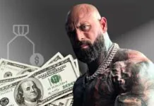Tattooed, muscular man wearing chains in front of U.S. $100 bills and a money bag icon on a gray background