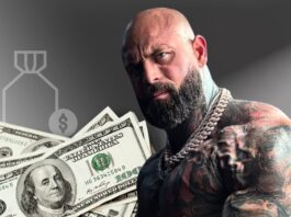 Tattooed, muscular man wearing chains in front of U.S. $100 bills and a money bag icon on a gray background