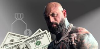 Tattooed, muscular man wearing chains in front of U.S. $100 bills and a money bag icon on a gray background