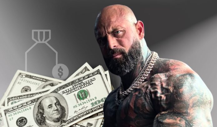 Wes Watson Net Worth - Bio, Career and Earnings Tattooed, muscular man wearing chains in front of U.S. $100 bills and a money bag icon on a gray background