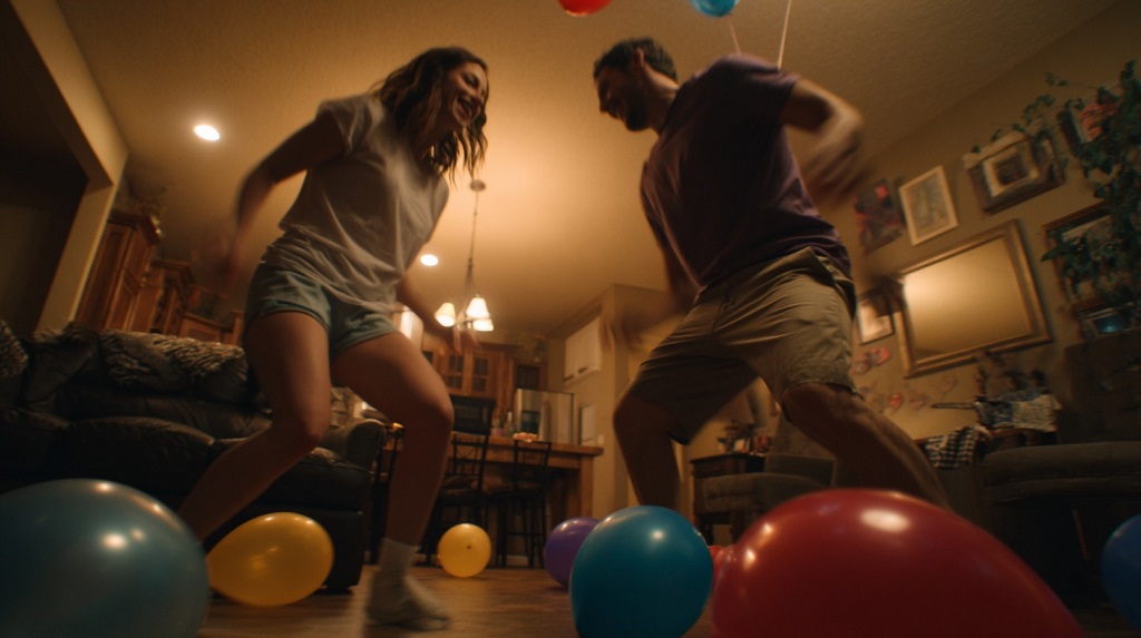 Two adults playing Balloon Duel, a hilarious and energetic balloon-popping game for adults