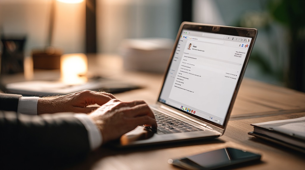 A business professional working on a laptop, managing contact details and correspondence