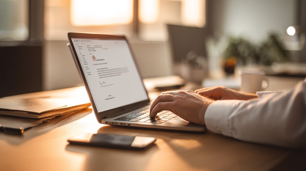 Business person typing a welcome email on a laptop, part of the digital client onboarding process