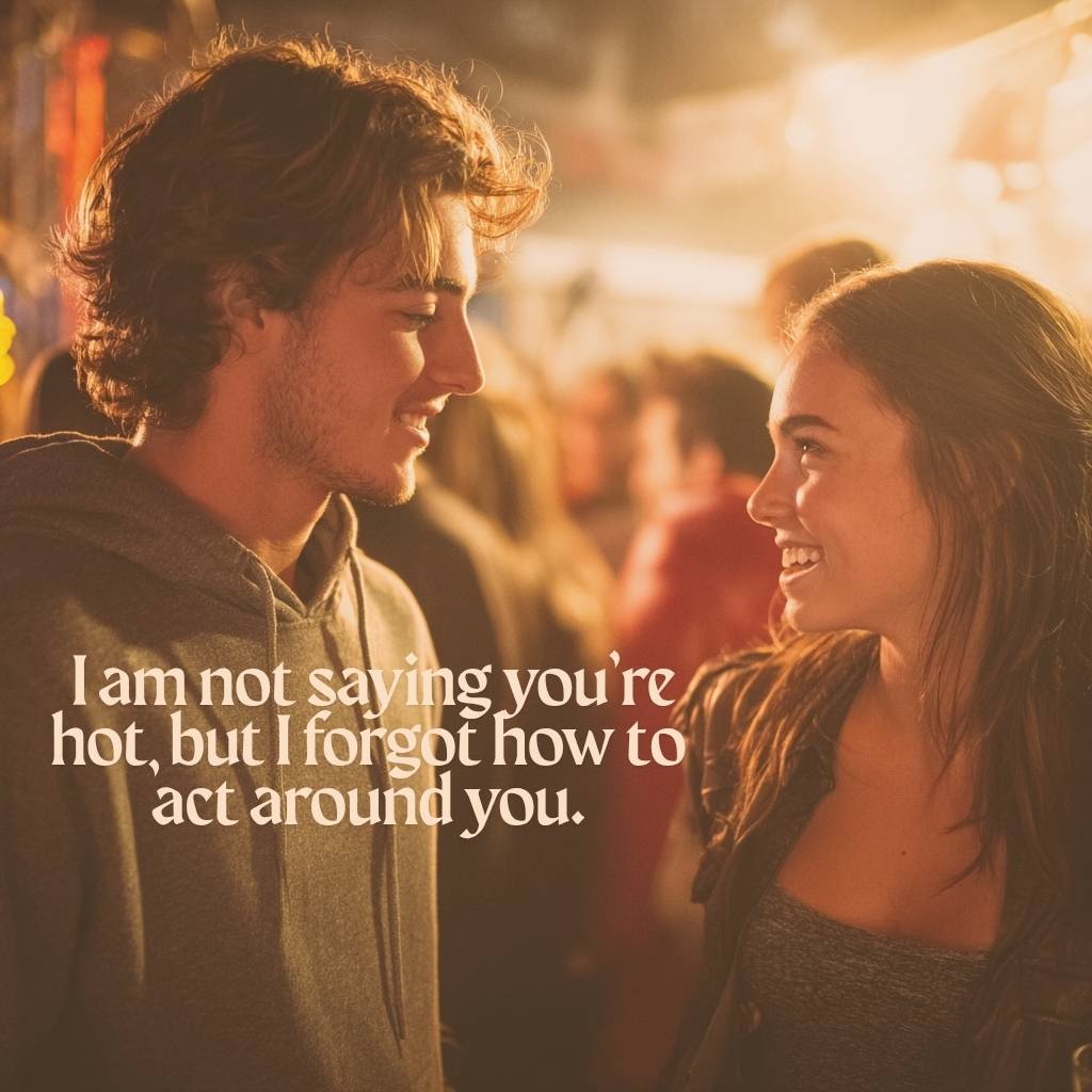A guy and a girl smiling at each other in a crowded setting, with the caption 'I am not saying you’re hot, but I forgot how to act around you.' A fun example of dirty rizz lines for flirty conversations