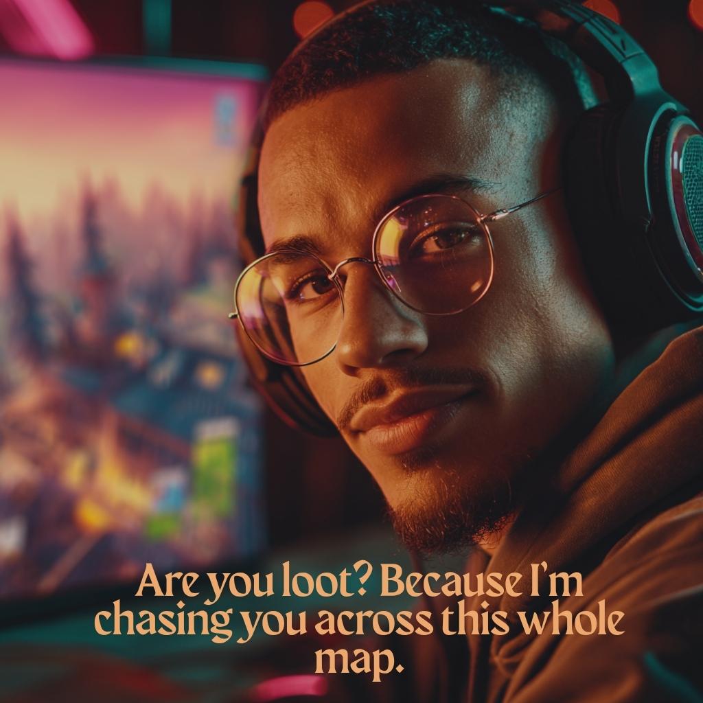 A gamer with headphones in front of a gaming setup, with the caption 'Are you loot? Because I’m chasing you across this whole map.' A creative take on Fortnite rizz lines for gamers