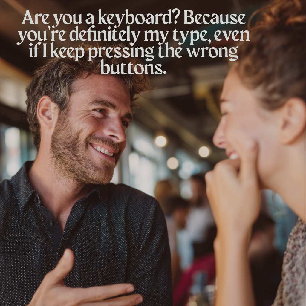 A man and woman laughing together at a bar, with the caption 'Are you a keyboard? Because you’re definitely my type, even if I keep pressing the wrong buttons.' Perfect for funny rizz lines that break the ice
