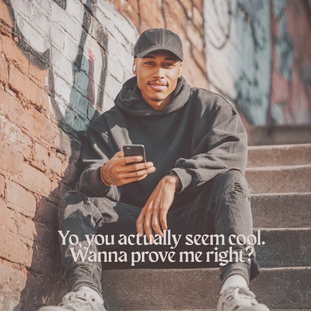 Guy in a hoodie sitting on steps with phone, giving off relaxed and approachable vibe