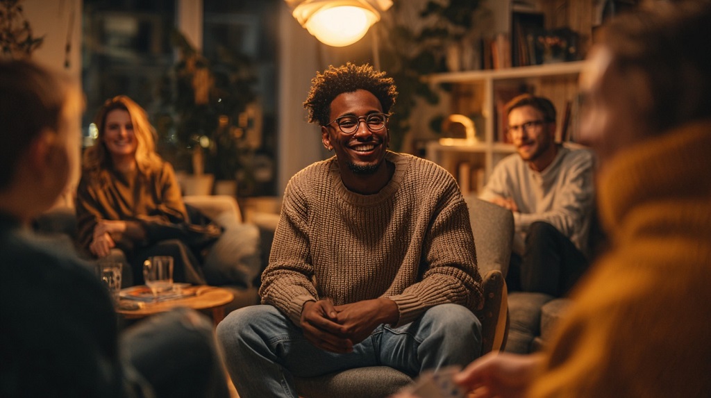 Man smiling while sitting in the hot seat during a lively round of games for adults in a cozy living room