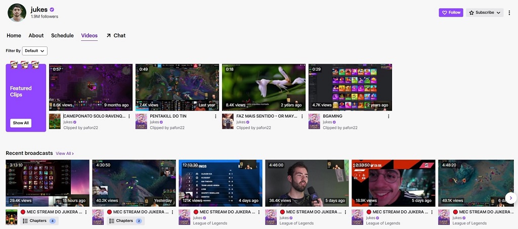 Twitch profile of Jukes showcasing his channel videos, featured clips, and recent broadcasts related to League of Legends