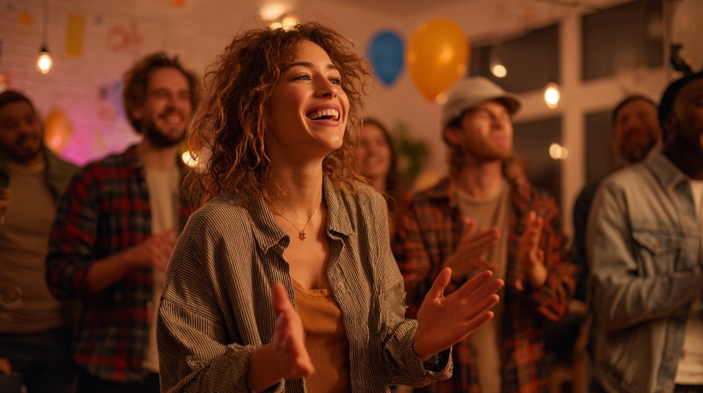 Happy woman clapping at a lively birthday party with friends enjoying a group game indoors