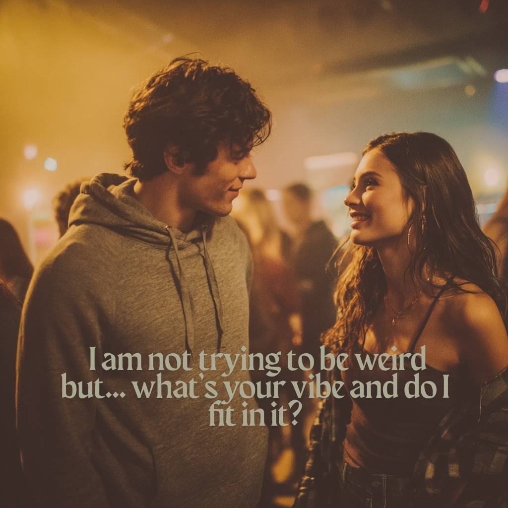 Young couple exchanging playful looks at a party, using clever rizz lines before names are shared