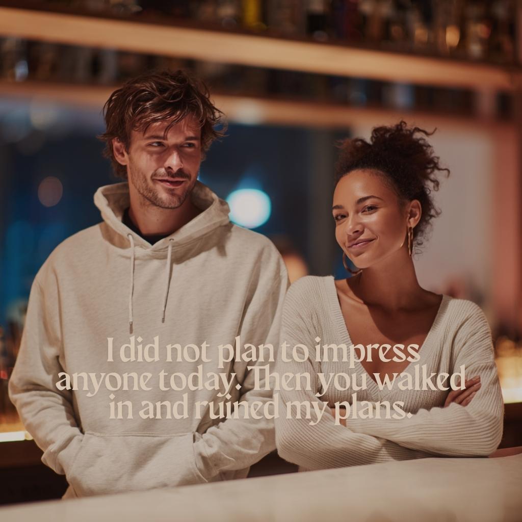 A confident man and smiling woman talking at a bar, showcasing smooth rizz lines in action