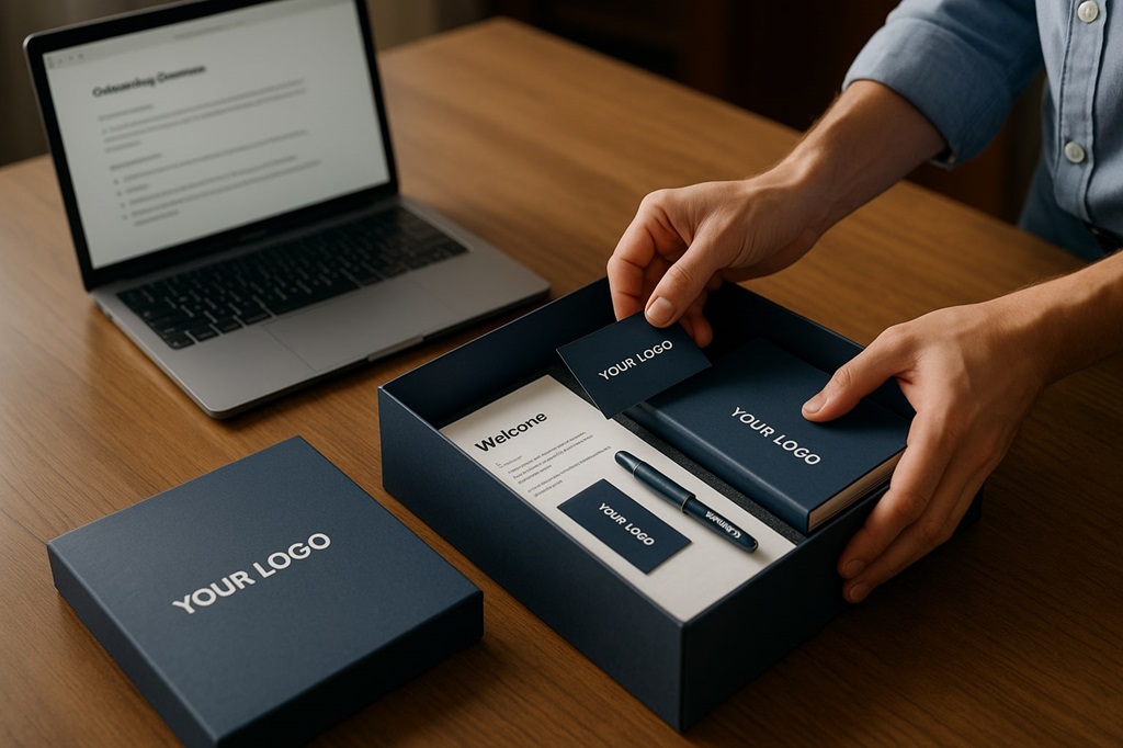Hands preparing a branded welcome kit box with custom notebook, pen, and business cards beside a laptop