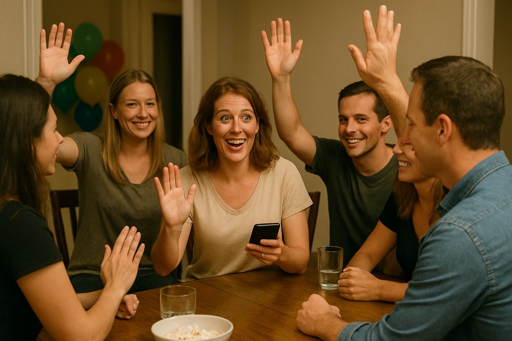 Group of adults laughing and raising hands while playing This or That, a popular icebreaker in games for adults