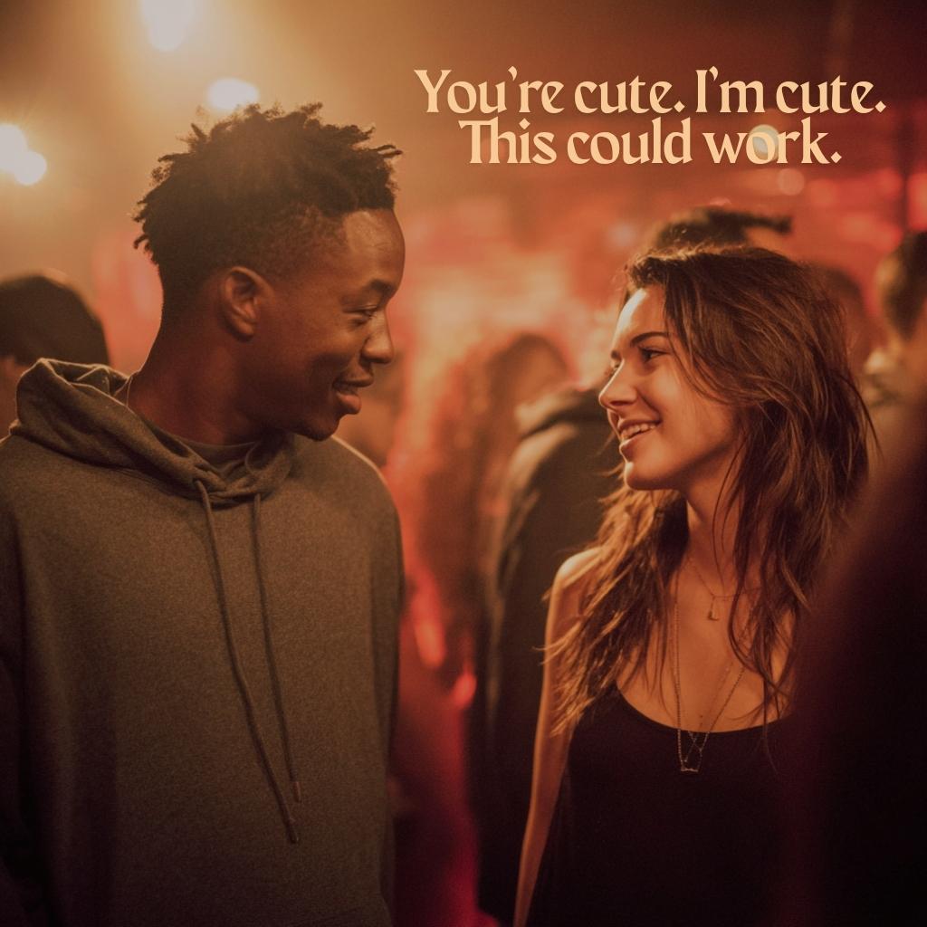 A young man and woman smiling at each other at a party, with the caption 'You’re cute. I’m cute. This could work.' A confident example of W rizz lines that might actually work