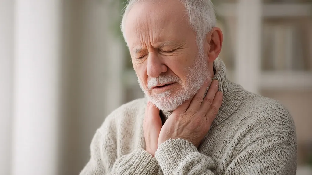 An elderly man grimacing in pain while holding his throat, illustrating severe throat discomfort linked to the Nimbus COVID variant