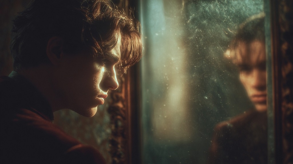Young man reflecting in an old mirror, contemplating identity and inner struggle