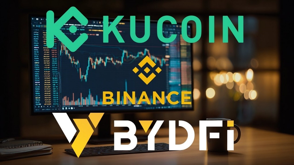 Monitor displaying a blurred crypto trading interface with visible logos of KuCoin, Binance, and BYDFi, symbolizing popular foreign exchanges