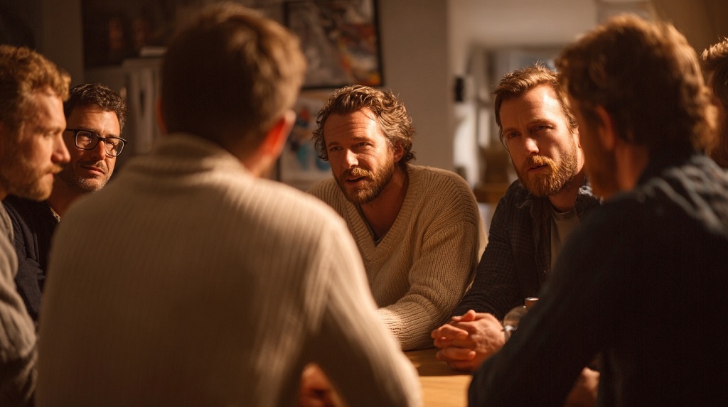A group of men engaged in a deep conversation, reflecting the role of community in building mental strength
