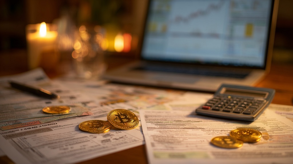 Bitcoin coins, a calculator, and Brazilian tax forms spread across a wooden desk, with a laptop in the background
