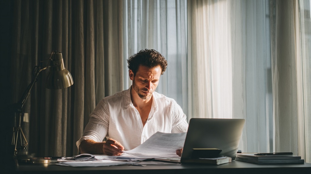 Man in white shirt reviewing tax documents at his desk with laptop open, symbolizing individual Brazilian investor evaluating offshore crypto trading