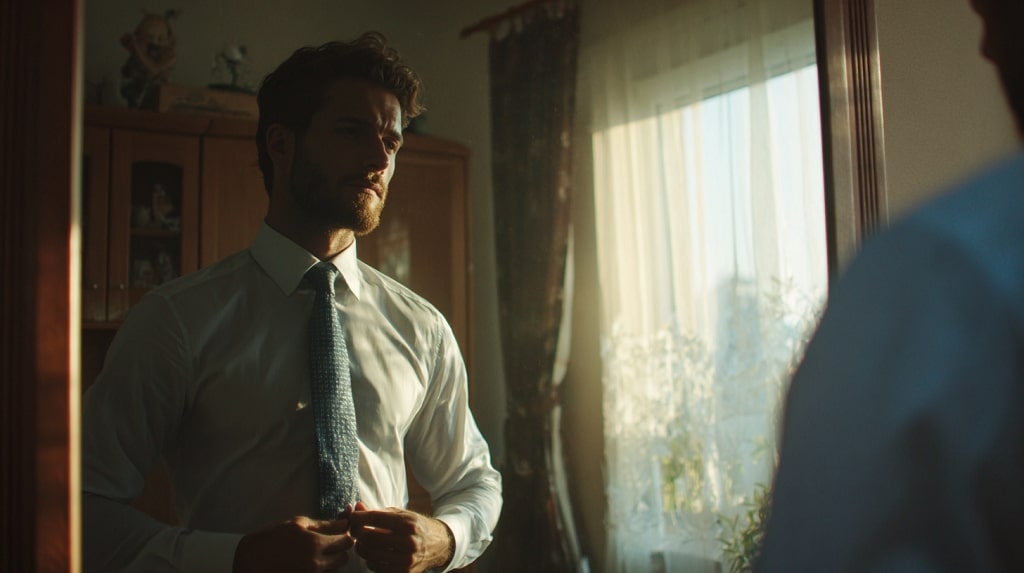 A man adjusting his tie in the mirror, preparing for the day with focus and discipline