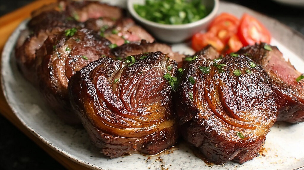 Grilled picanha steak glazed with Brazilian steak marinade and garnished with fresh herbs