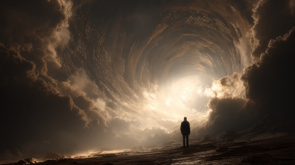 A man standing before a vast, swirling cloud tunnel, symbolizing chaos and the guiding power of religion