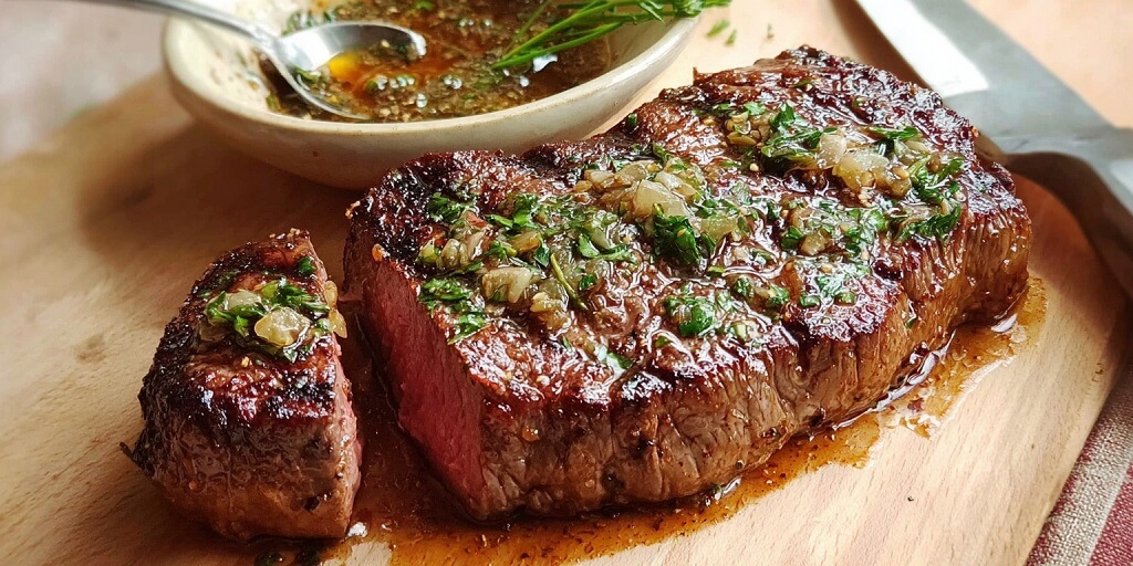 Sliced sirloin steak topped with herbed Brazilian steak marinade and served with chimichurri sauce