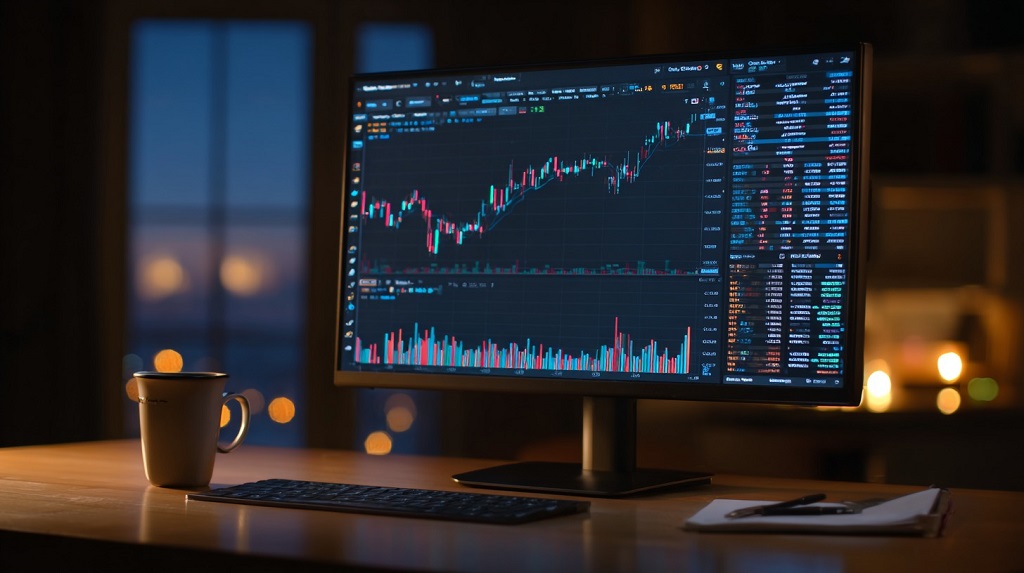Trading screen with candlestick chart and crypto prices in focus; coffee mug and clipboard on the desk