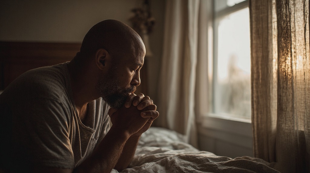 A man praying silently by his bedside at sunrise, showing a private moment of faith and morning ritual