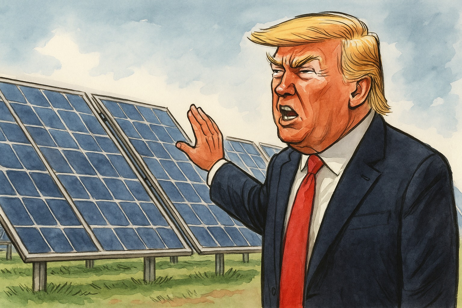 Donald Trump angrily gesturing in front of a large solar farm, symbolizing his strong opposition to solar energy.