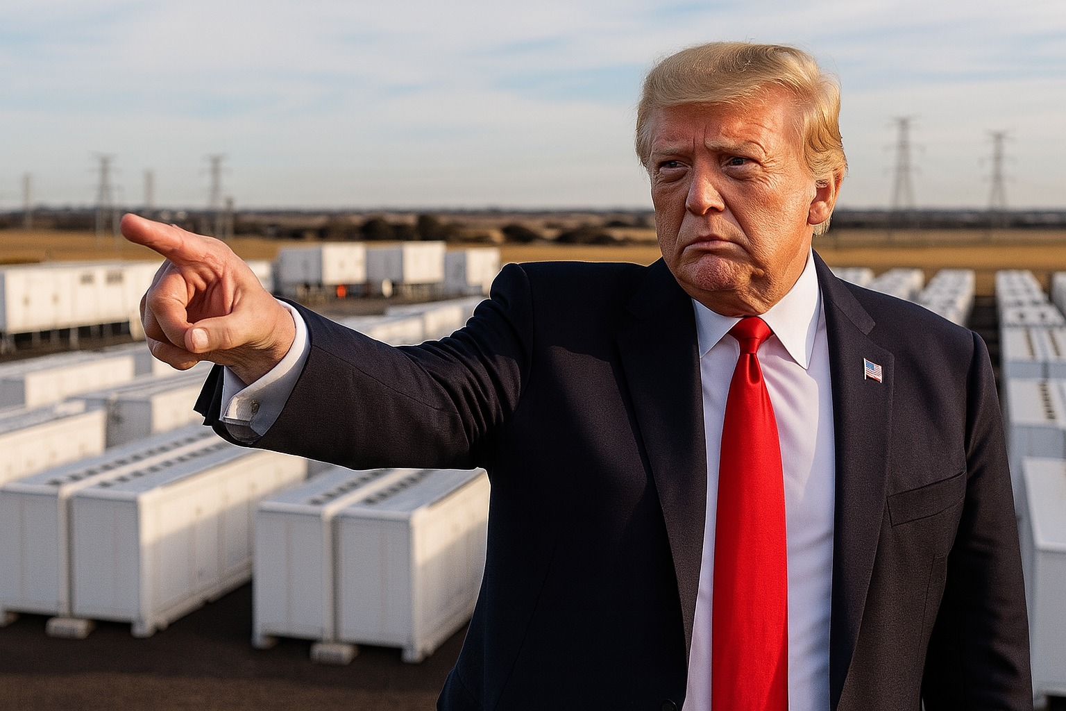 Donald Trump pointing strongly in front of a large battery storage facility, showing his disapproval of new energy systems.