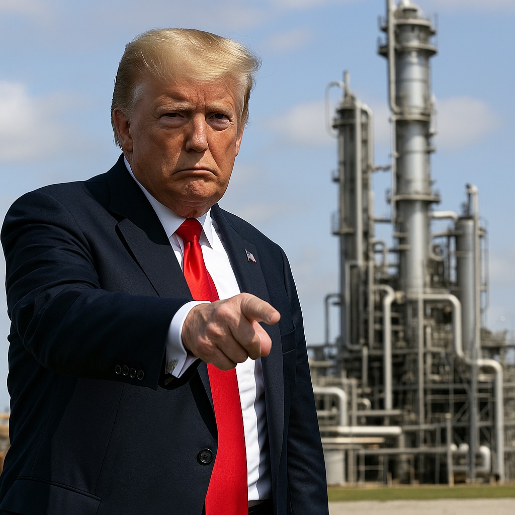 Donald Trump pointing sternly with a carbon capture facility in the background, showing his disapproval of such projects.