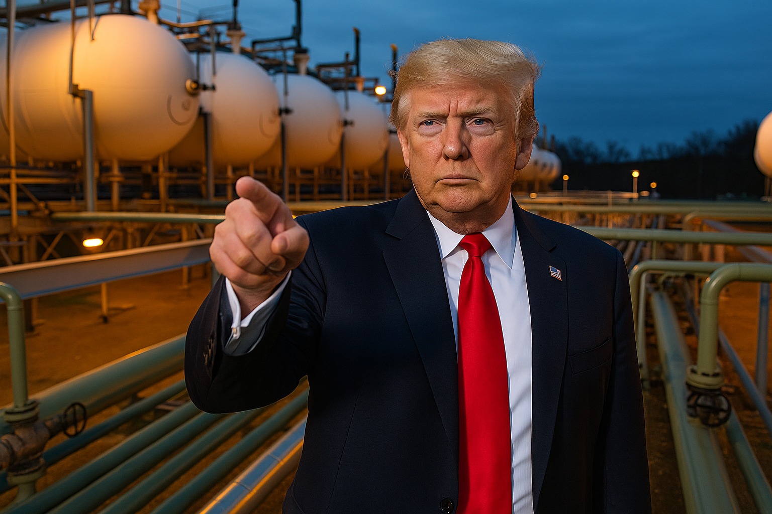 Donald Trump pointing firmly in front of an industrial gas facility at dusk, showing strong disapproval of certain energy projects.