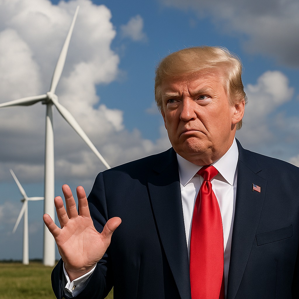 Donald Trump frowning and gesturing in front of wind turbines, symbolizing his strong opposition to wind power along with some other types of clean energy.
